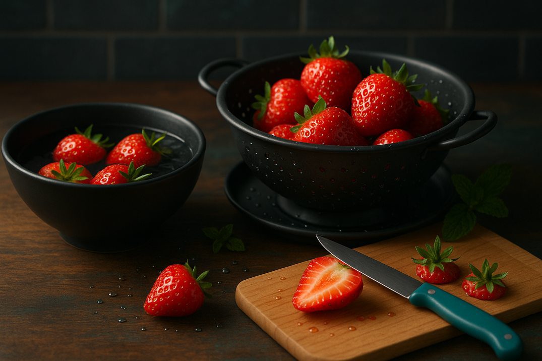 Low FODMAP strawberries guide prep scene showing strawberries floating in a matte-black water bowl on a walnut tabletop, draining in a matching colander with water droplets, and a hulled strawberry mid-slice on a wooden board with a teal-handled knife, all under warm, moody lighting.