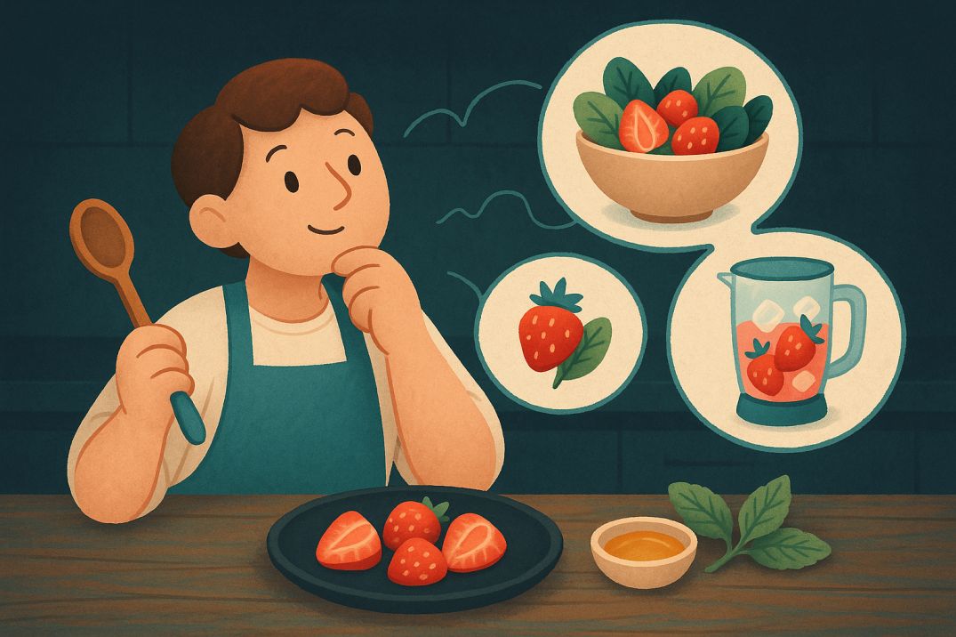 Low FODMAP strawberries guide recipe ideas: a person in a teal-accent apron holds a spoon and thinks with floating idea bubbles showing a strawberry parfait, a strawberry salad, and a strawberry smoothie, beside a plate of halved strawberries on a walnut tabletop under warm, moody lighting.