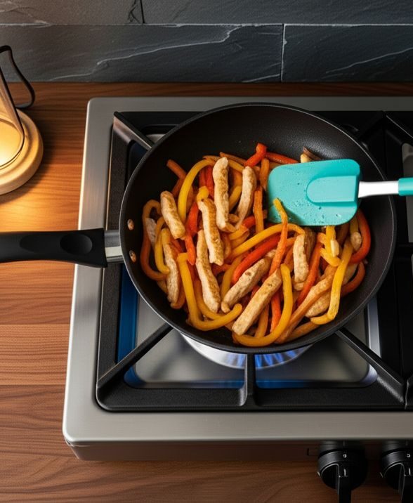 Strips of red and yellow bell peppers are mixed with cooked chicken in a frying pan on a gas stove, illustrating a step in making low FODMAP chicken stir fry.