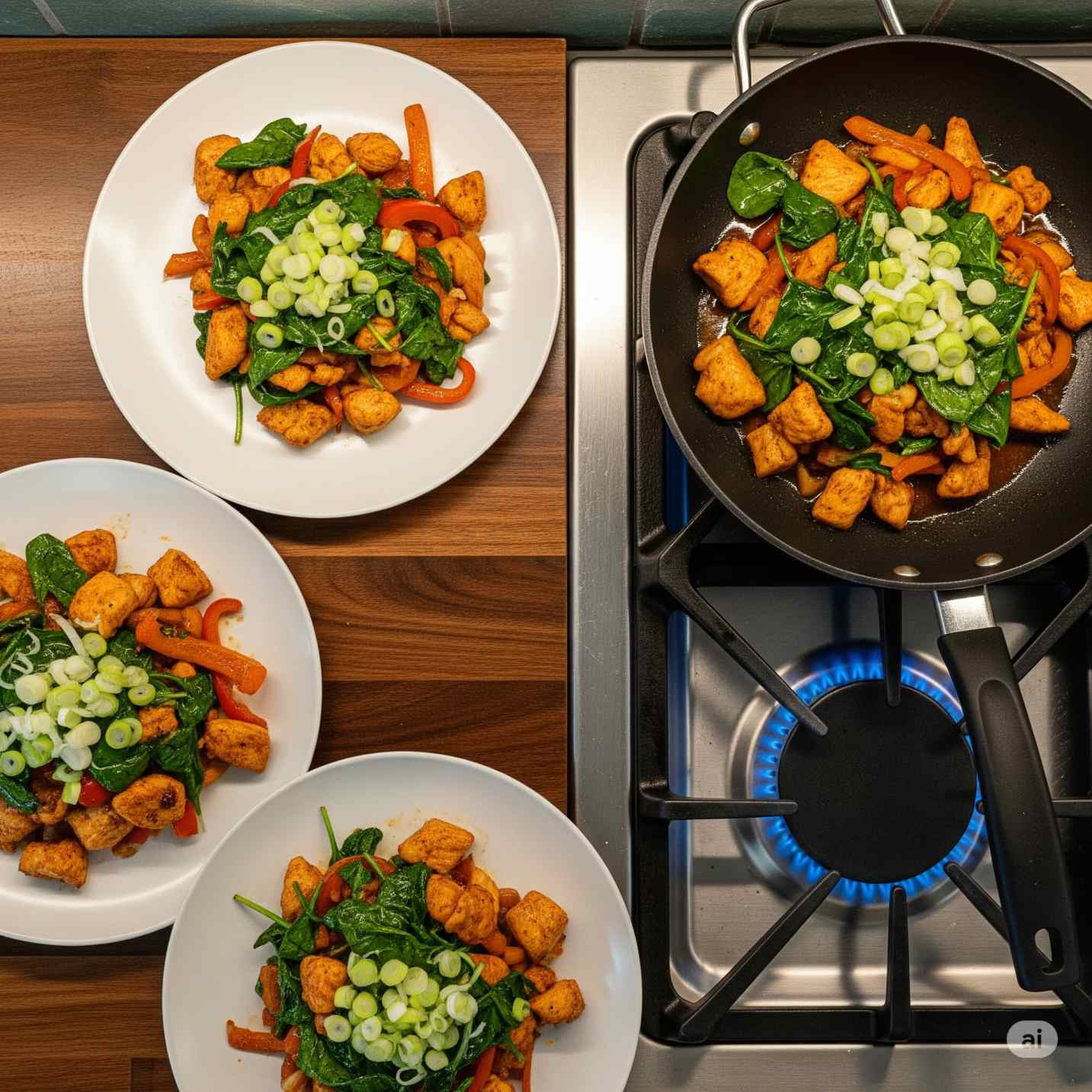 A large pan of cooked low FODMAP chicken stir fry with chicken, bell peppers, spinach, and green onions sits on a gas stove, alongside three individual servings on white plates.