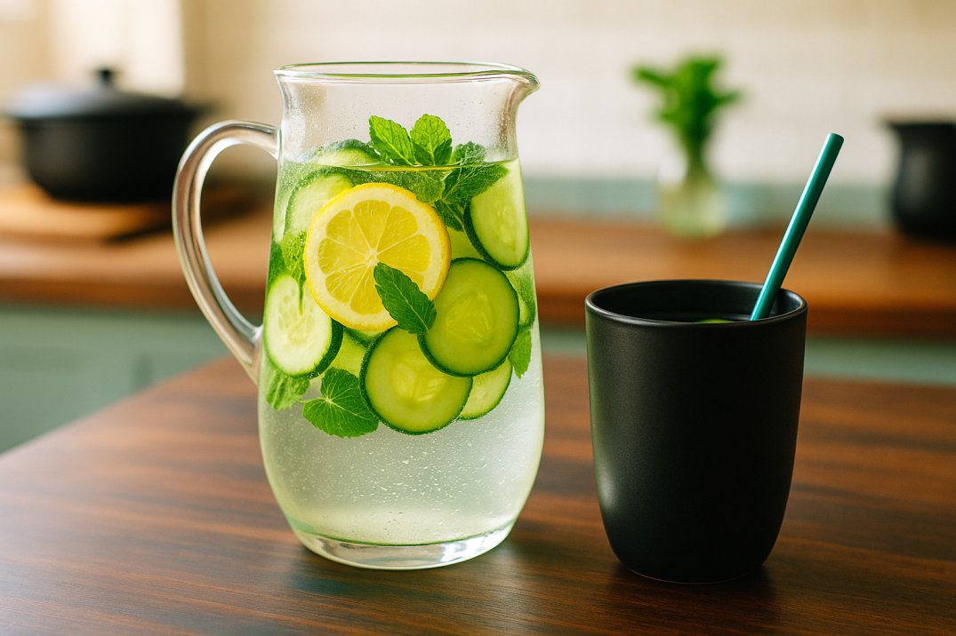 Pitcher and glass of low-FODMAP infused water with cucumber, mint, and lemon on a dark wooden table in a bright, energetic kitchen setting.