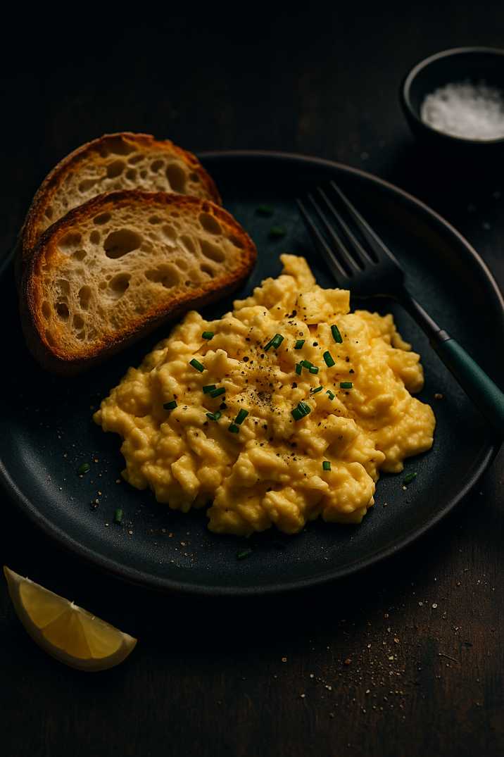 Low FODMAP scrambled eggs with sourdough toast on black plate.
