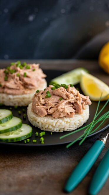 Two low FODMAP turkey rice cakes on a matte-black ceramic plate, topped with seasoned turkey crumbles, cucumber slices, and chopped chives, with a teal-handled fork beside them on a rustic walnut tabletop with subtle teal undertones and a softly blurred dark-slate backsplash.