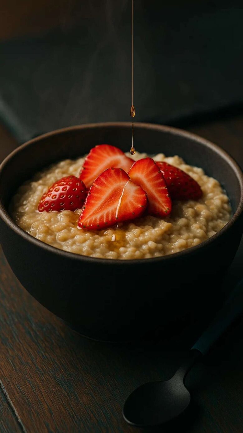 Low FODMAP oatmeal with strawberries in black bowl on dark table