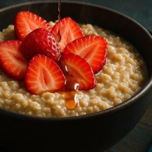Low FODMAP oatmeal with strawberries in black bowl on dark table