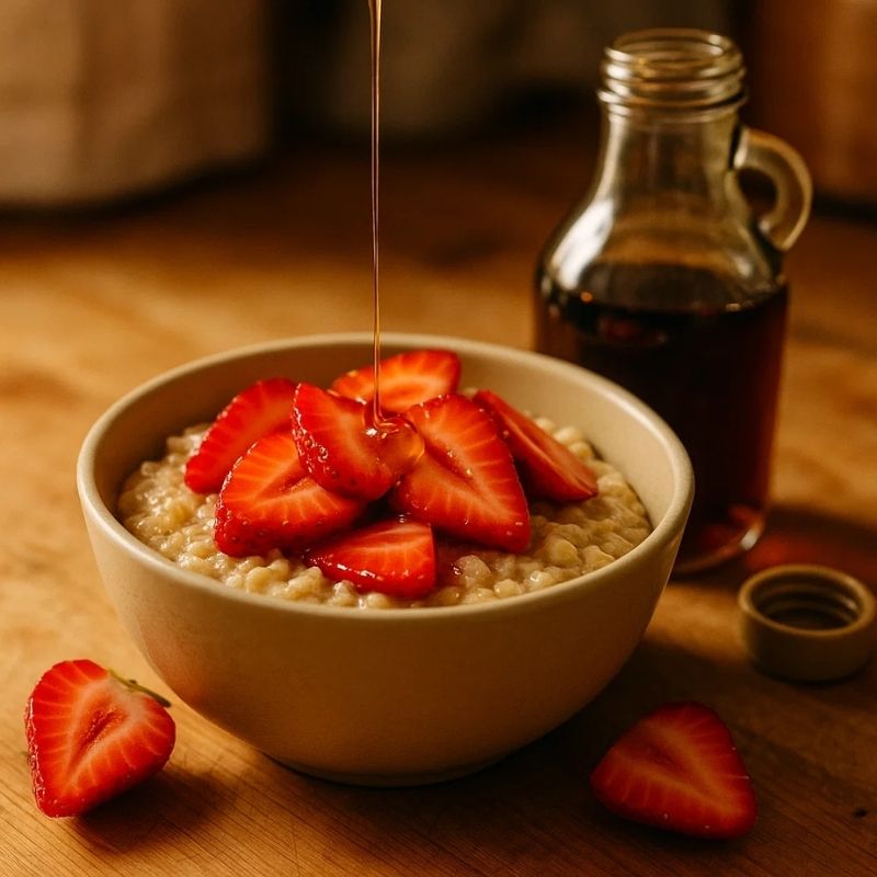 Placing strawberries and maple syrup drizzle on oatmeal
