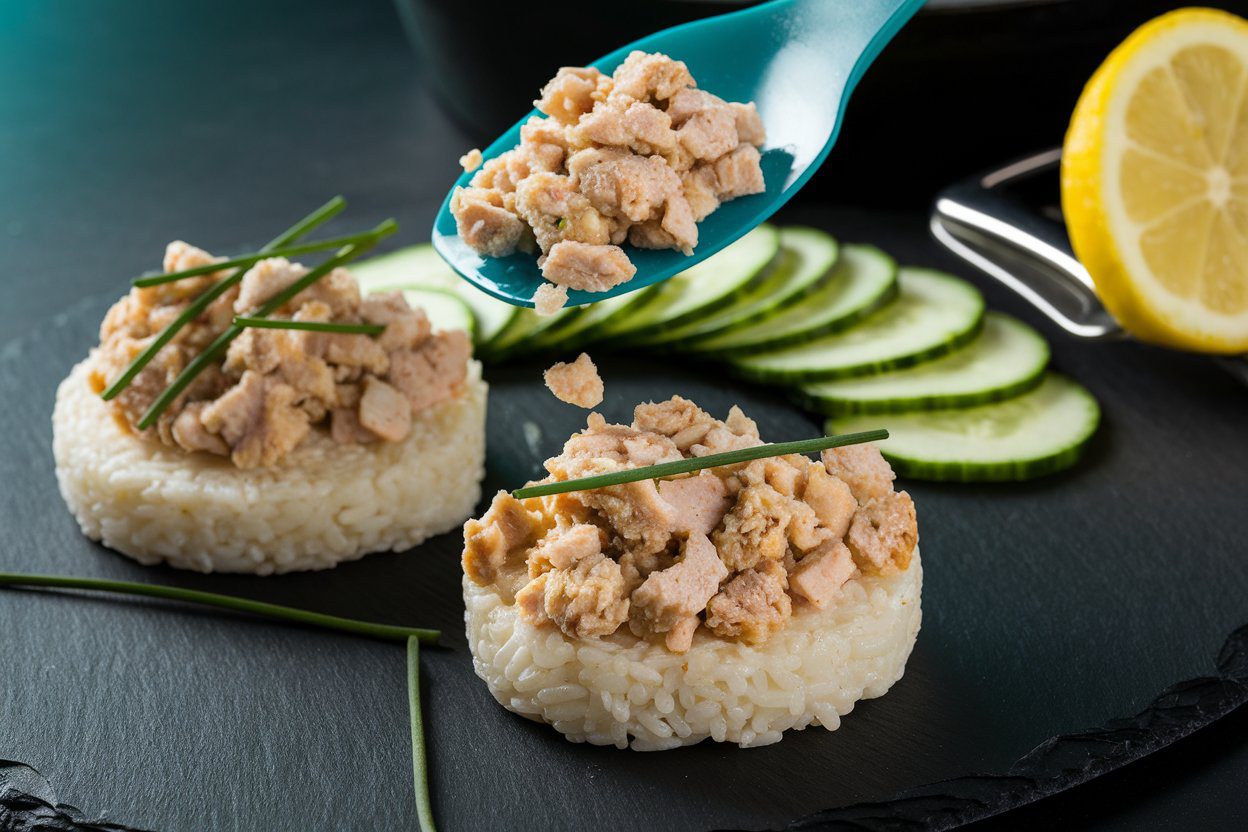 A hand spooning seasoned turkey onto a rice cake on a matte-black plate in a TummyVibes kitchen setting.