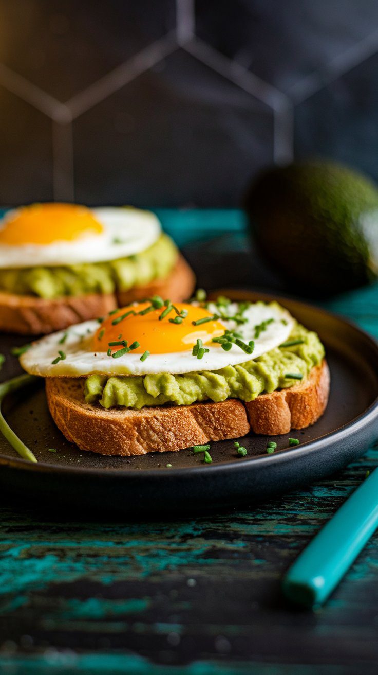 Low FODMAP avocado egg toast: a matte-black plate on a rustic walnut tabletop holding a slice of toasted low-FODMAP bread topped with mashed avocado and a perfectly cooked egg, garnished with chopped chives, under warm side lighting and subtle teal-fill.