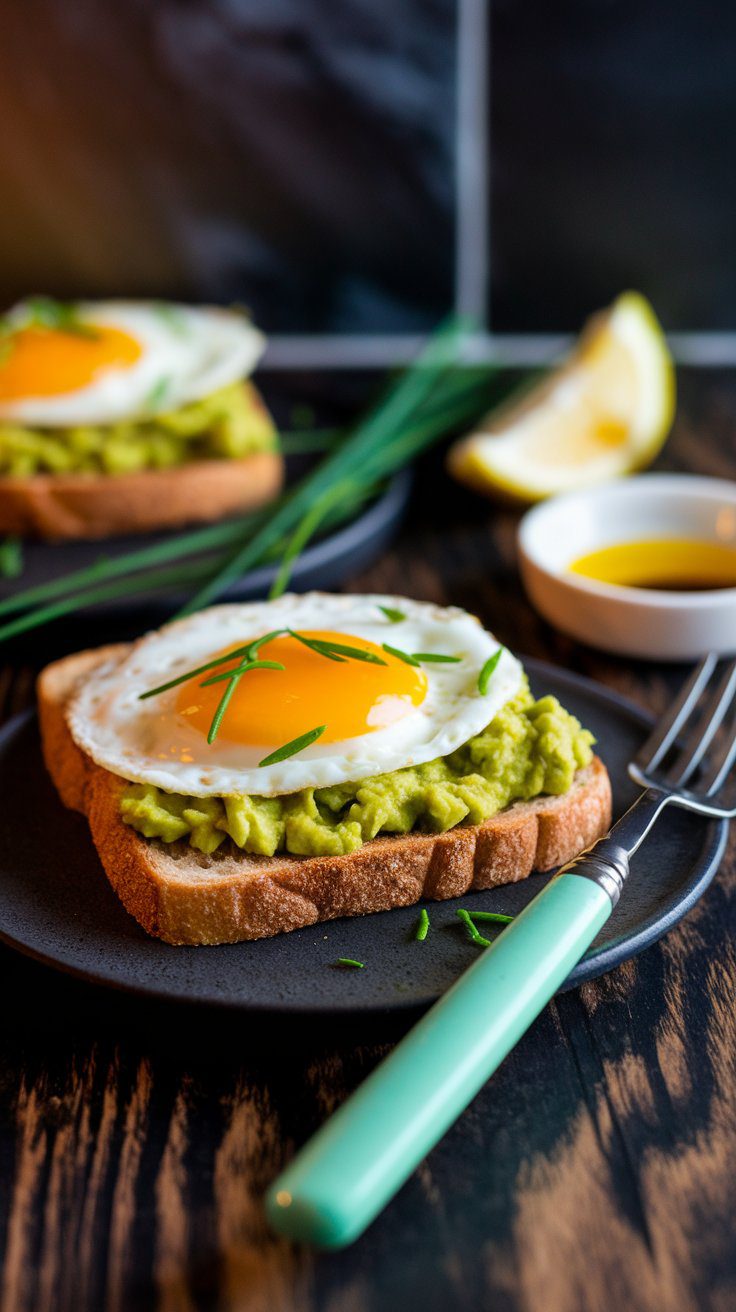 Low FODMAP avocado egg toast: a matte-black plate on a rustic walnut tabletop holding a slice of toasted low-FODMAP bread topped with mashed avocado and a perfectly cooked egg, garnished with chopped chives, under warm side lighting and subtle teal-fill.