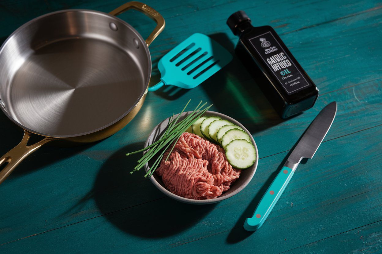 Ingredients for low FODMAP turkey rice cakes are neatly arranged on a teal wooden surface, including a bowl of ground turkey, sliced cucumbers, chives, a bottle of garlic-infused oil, a frying pan, and a knife.
