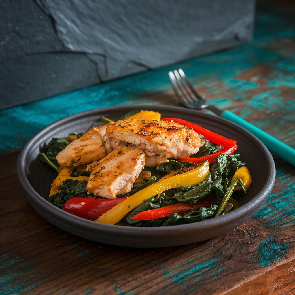 Low FODMAP chicken stir-fry with red and yellow bell peppers on black plate