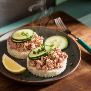 Two low FODMAP turkey rice cakes on a matte-black ceramic plate, topped with seasoned turkey crumbles, cucumber slices, and chopped chives, with a teal-handled fork beside them on a rustic walnut tabletop with subtle teal undertones and a softly blurred dark-slate backsplash.