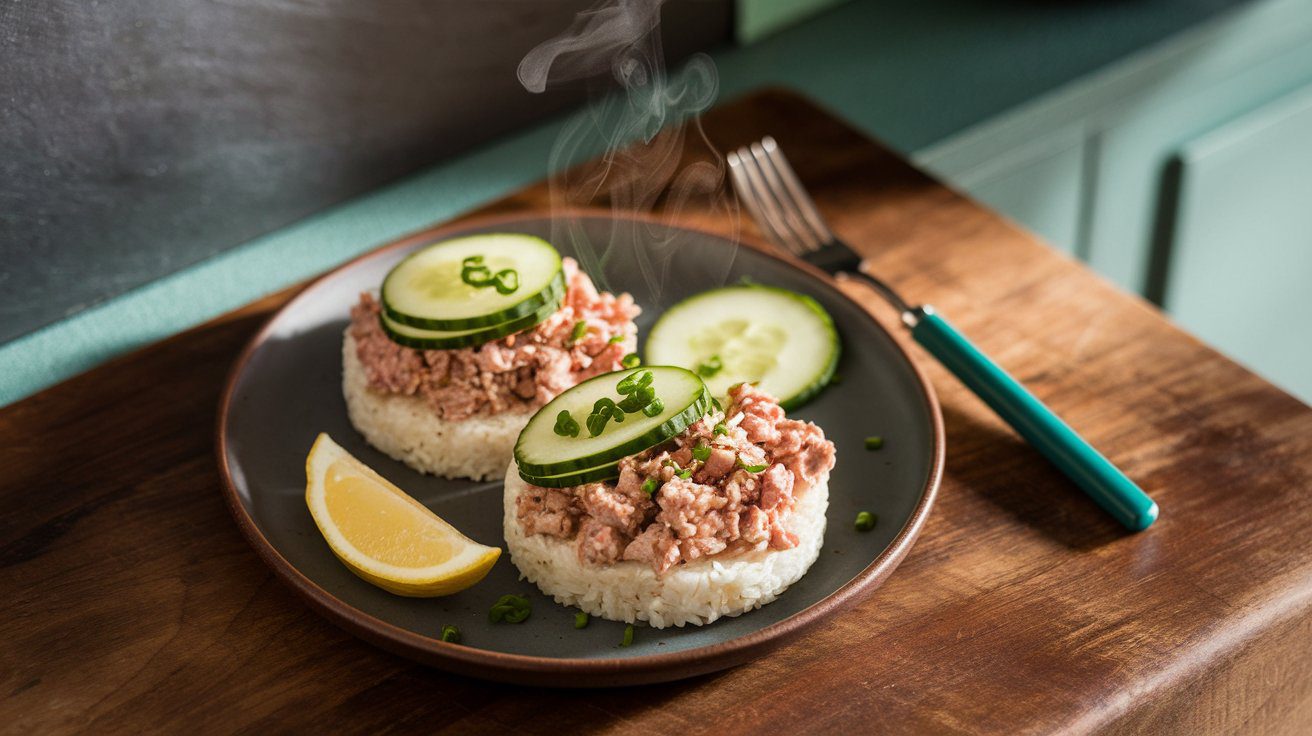 Two low FODMAP turkey rice cakes on a matte-black ceramic plate, topped with seasoned turkey crumbles, cucumber slices, and chopped chives, with a teal-handled fork beside them on a rustic walnut tabletop with subtle teal undertones and a softly blurred dark-slate backsplash.