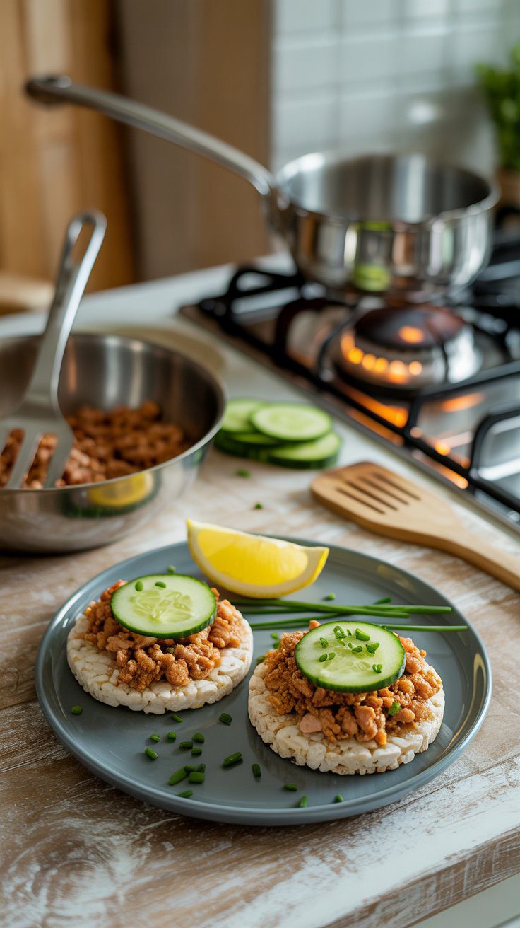 Two low FODMAP turkey rice cakes magazine style image