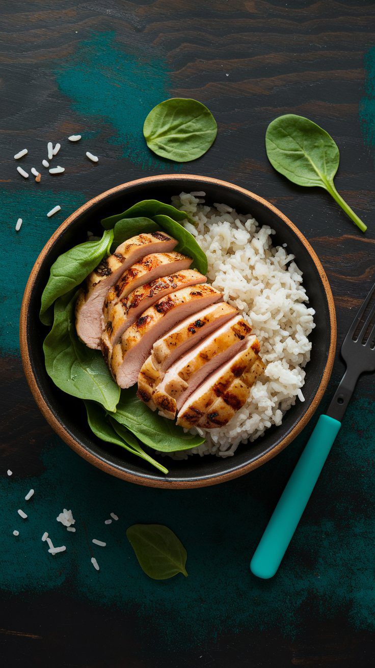 Low FODMAP grilled chicken bowl with rice and spinach on dark table