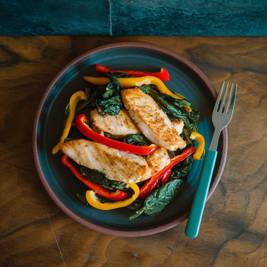 Low FODMAP chicken stir-fry with red and yellow bell peppers on black plate