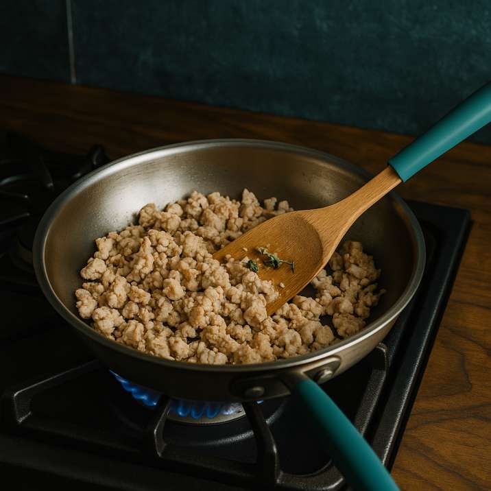 Ground turkey browning in a stainless-steel pan on a gas burner, stirred with a teal-handled spatula in a rustic TummyVibes kitchen.