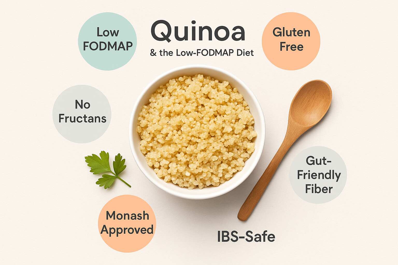Flat-lay of a white bowl of cooked quinoa surrounded by six pastel icons labeled Low FODMAP, Gluten Free, No Fructans, Gut-Friendly Fiber, Monash Approved, and IBS-Safe.