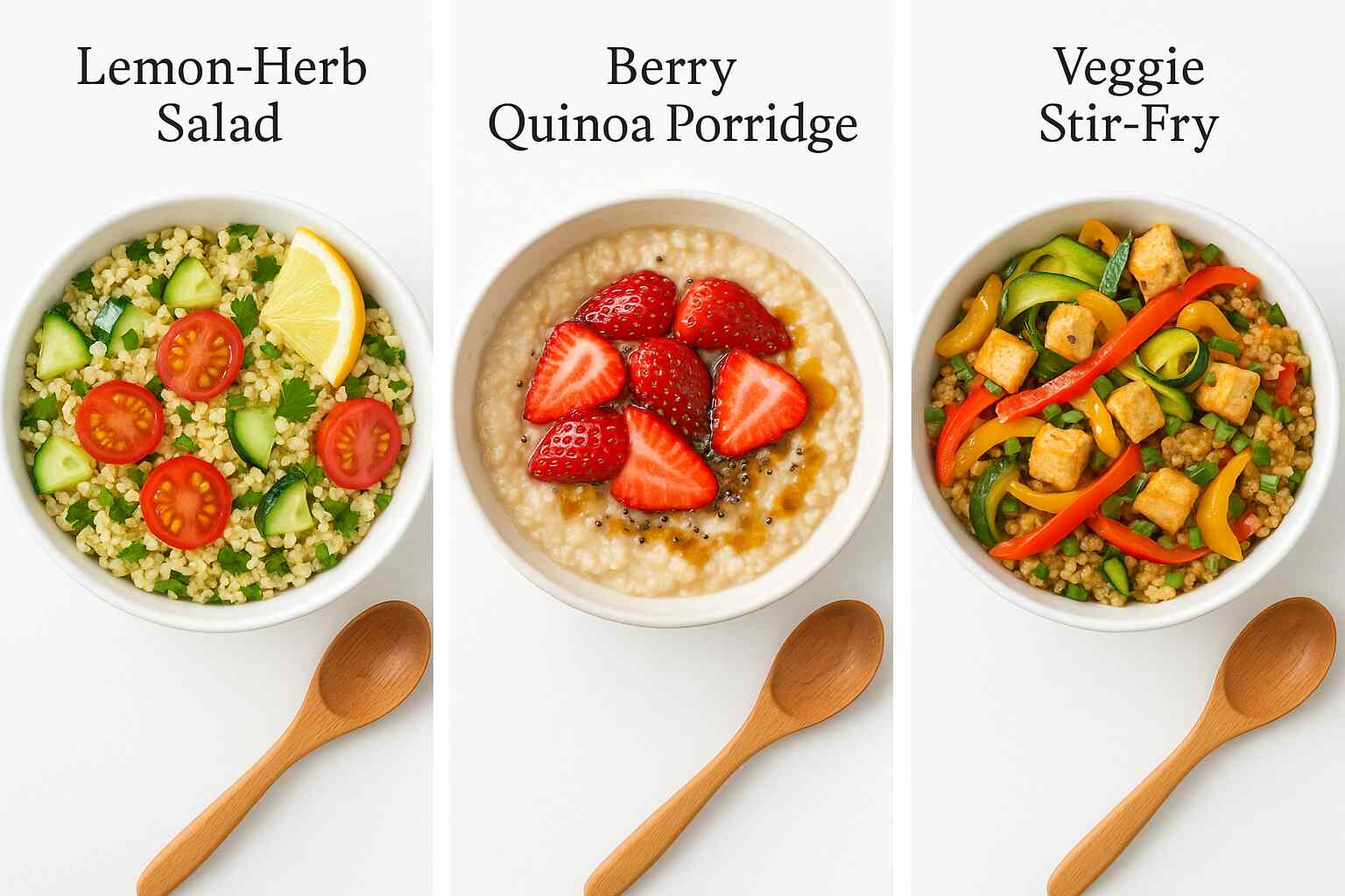A triptych of three IBS-friendly quinoa dishes on a white background: Panel 1 shows a lemon-herb quinoa salad with cucumber, cherry tomatoes, parsley, and a lemon wedge; Panel 2 features warm quinoa porridge topped with strawberries, chia seeds, and maple syrup; Panel 3 displays a quinoa veggie stir-fry with bell peppers, zucchini ribbons, and tofu cubes, sprinkled with chives.