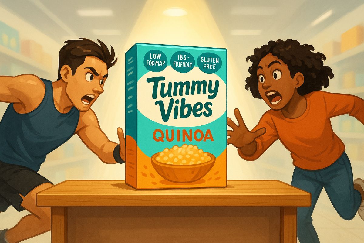 wo people sprinting toward the last Tummy Vibes Quinoa IBS pack on a shelf, clearly labeled Low FODMAP and IBS-Friendly.